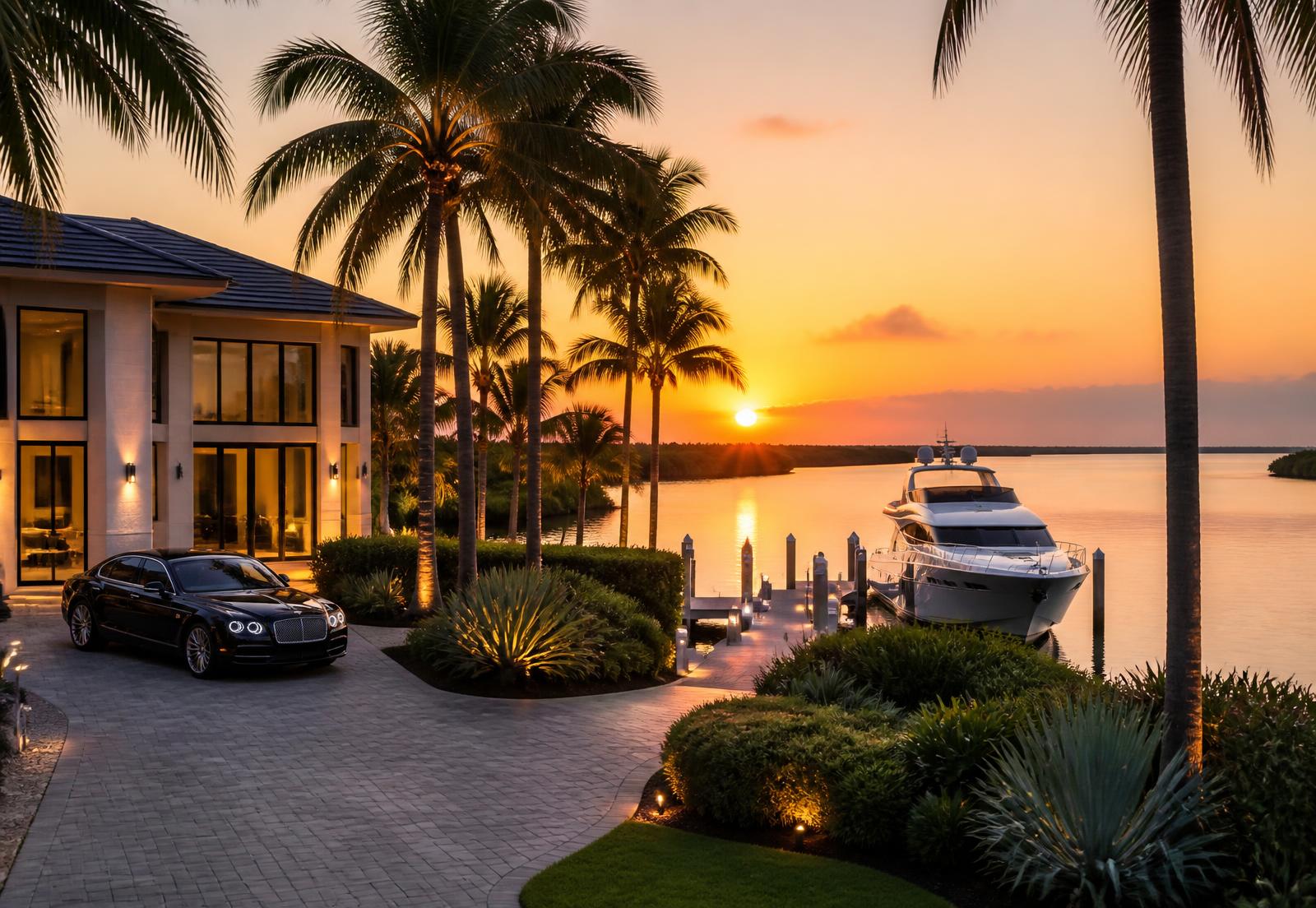 Waterfront estate at sunset with a yacht docked and a luxury car in the driveway